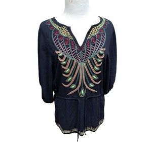 DINA BE Women's Medium Embroidered Top Blouse Drawstring Waist Black Boho Tunic